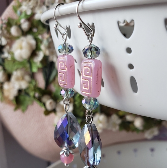 Gray and Pink Hand Crafted Earrings - Picture 4 of 5
